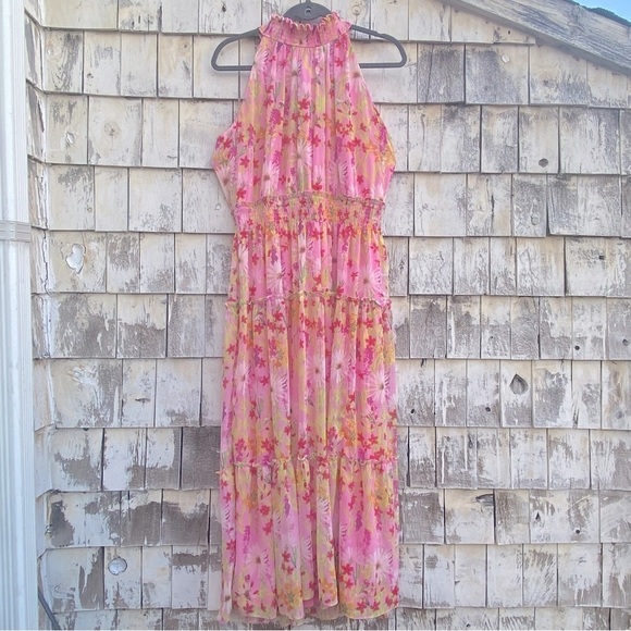 Taylor Floral Pink Halter Mock Neck Sleeveless Elastic Waist Maxi Dress - Picture 7 of 10